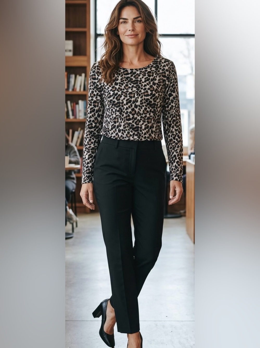 Mario Serrani Black and Taupe Leopard Print Long Sleeve Tee